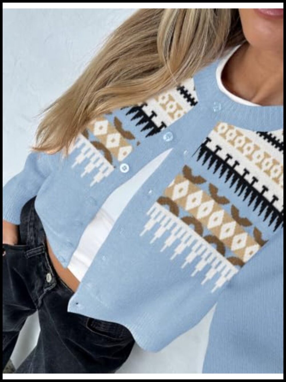Cropped Cardigan Sweater Crew Neck Long Sleeve Button Up Ribbed Knit - Picture 2 of 5